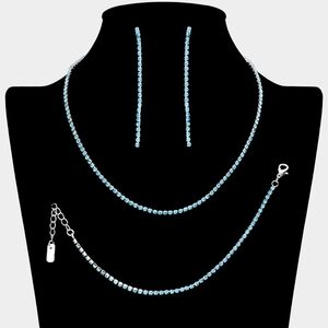 Aqua Blue 3 Piece Pave Rhinestone Crystal Necklace Jewelry Set Formal Statement